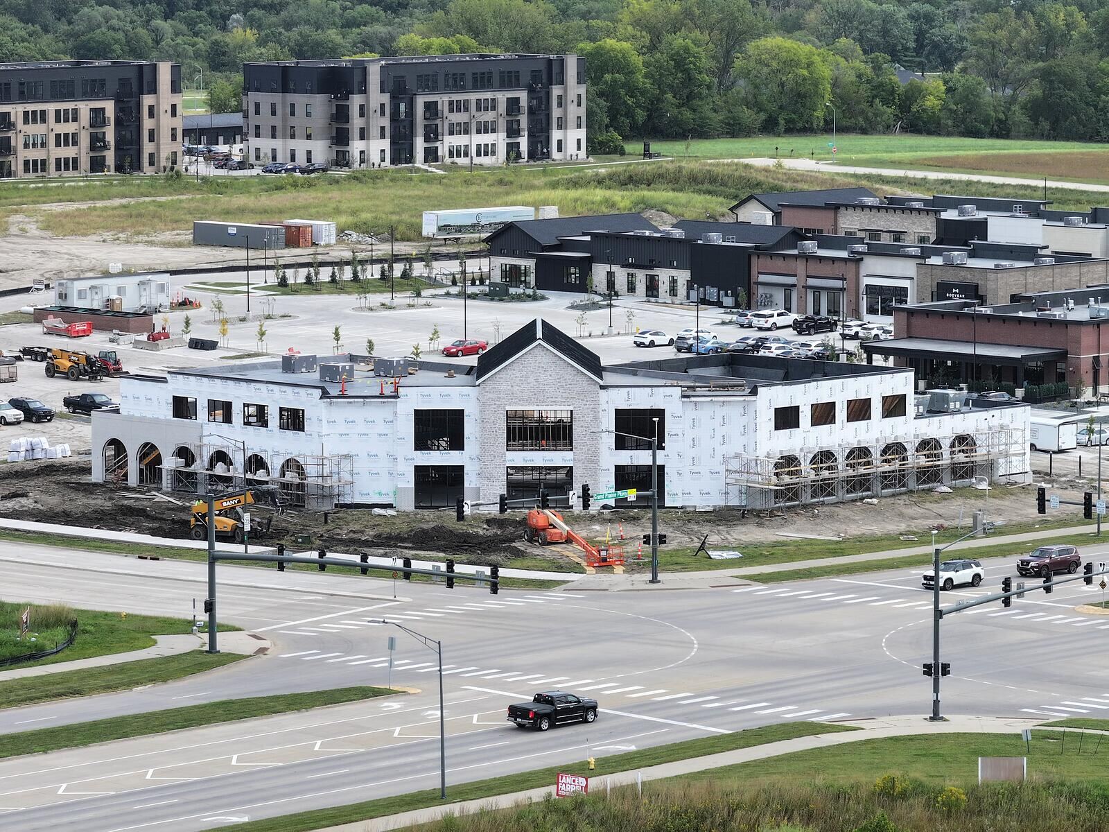 Aerial view of Kettlestone Social under construction at Grand Prairie Parkway and SE Westown Parkway in Waukee, Iowa