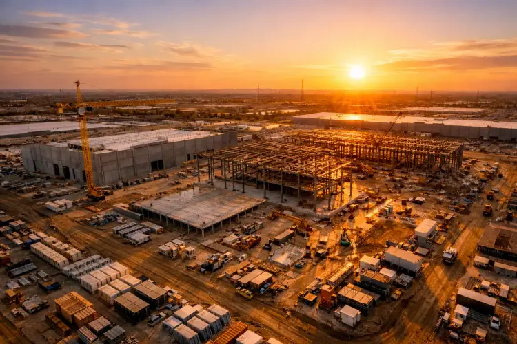 Data center construction site from drone perspective