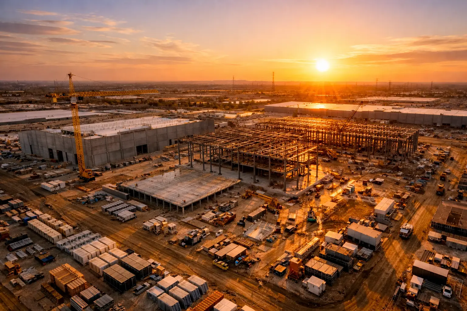Data center construction site from drone perspective
