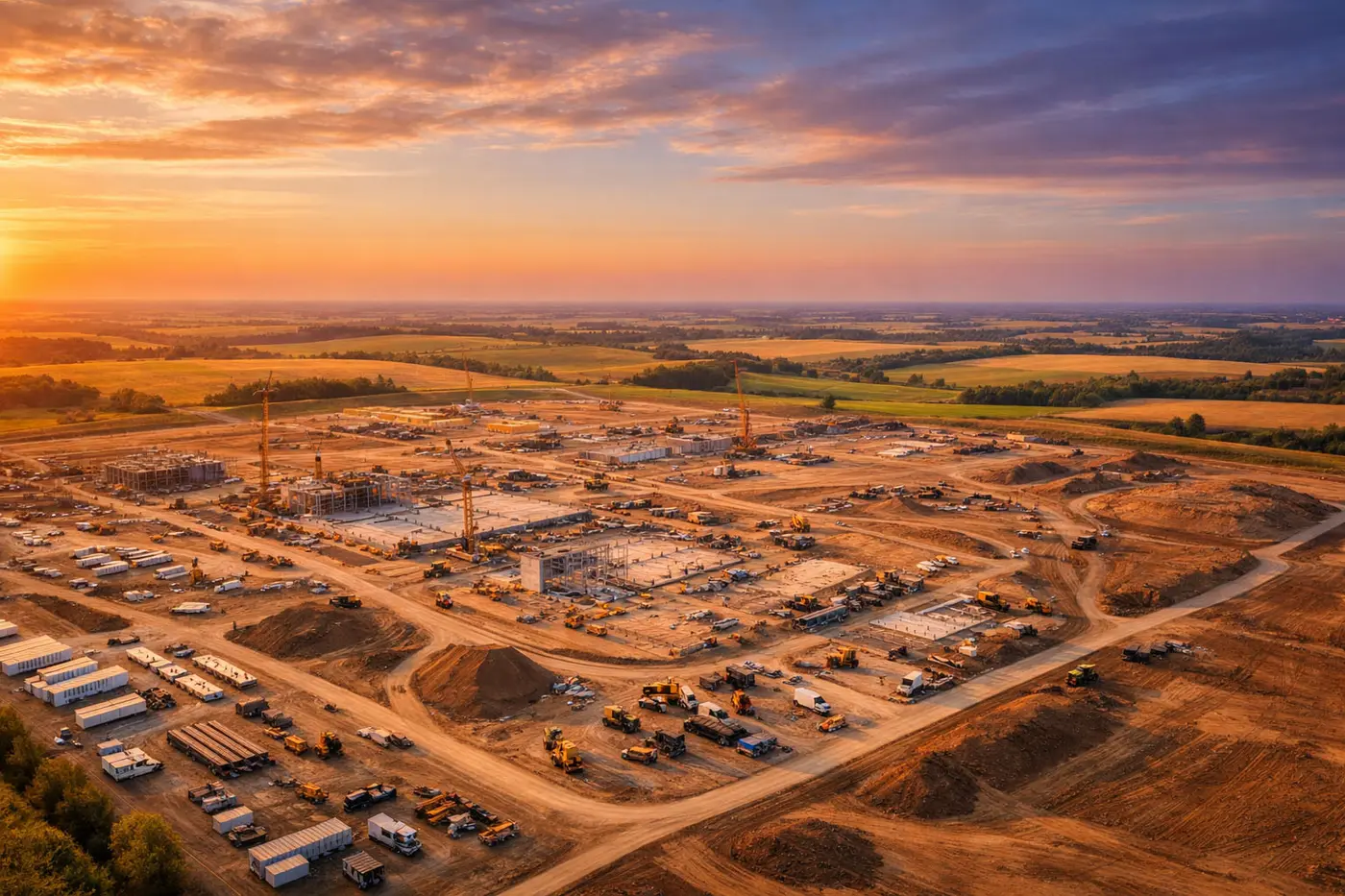 Aerial drone view of active Central Iowa construction site with earthwork in progress