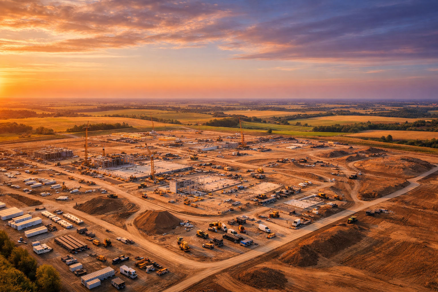 Aerial drone view of active Central Iowa construction site with earthwork in progress