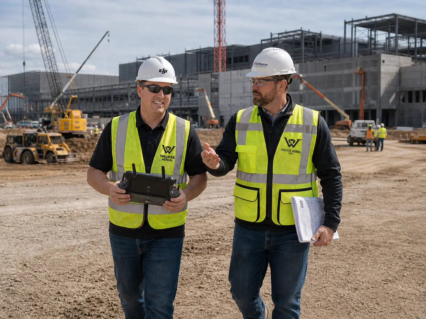 Cameron Stotz, Founder of Waukee Aerial, on an active commercial construction site with a Waukee Aerial network pilot, drone controller in hand.