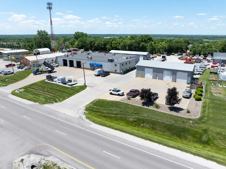Aerial view of a truck equipment shop and yard in Central Iowa