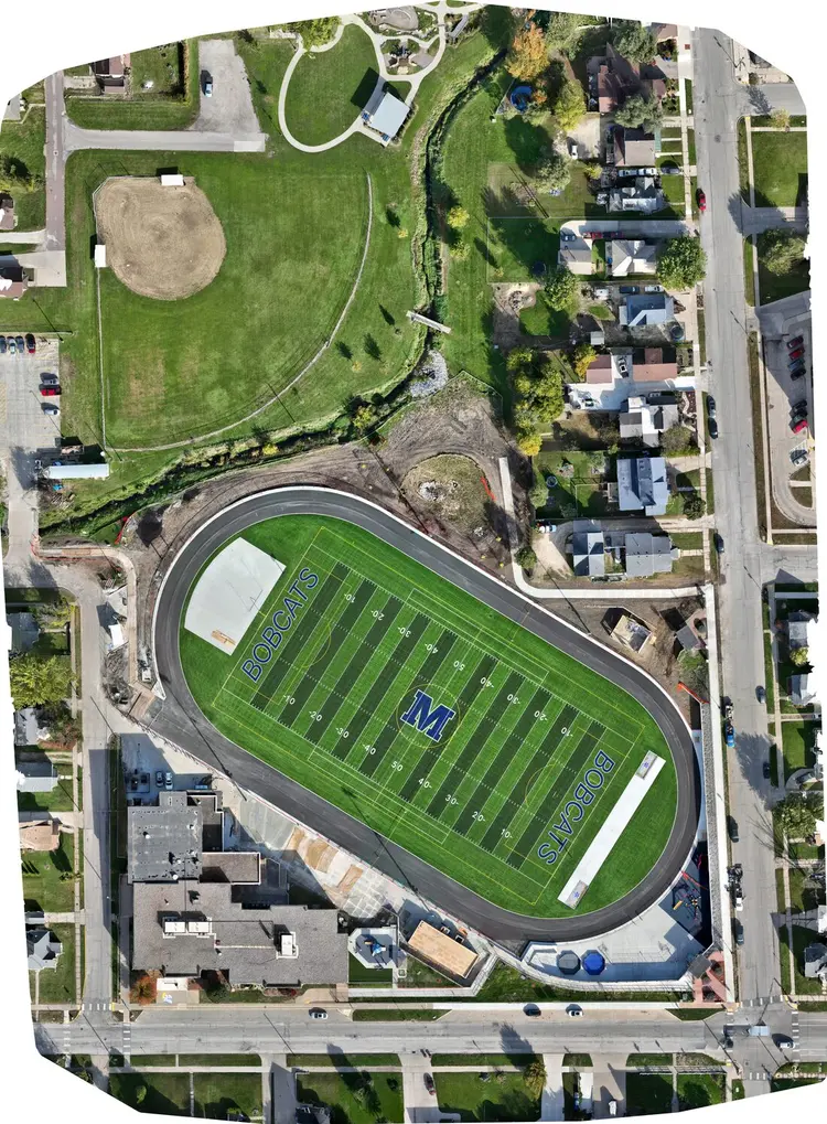Orthomosaic of the completed Franklin Field on 24 October 2025, showing finished turf, markings and the track oval