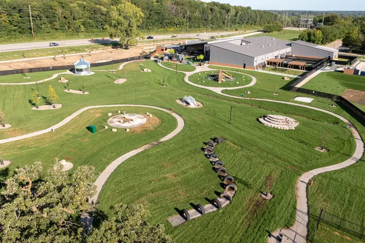 Aerial view of the finished Paws & Pints canine retreat and dog park in Des Moines