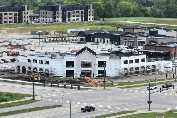 Aerial view of Kettlestone Social under construction at Grand Prairie Parkway and SE Westown in Waukee